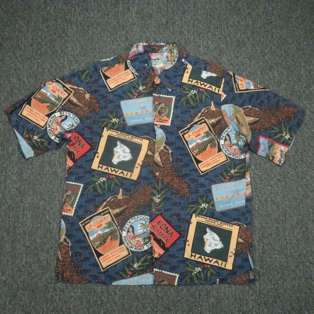 Reyn Spooner‎ Shirt Mens Large Blue  Hawaiian Traditionals Camp Coffee Beans